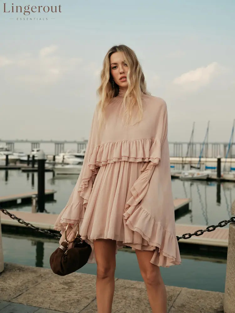 Semi-Sheer Chiffon Ruffle Dress With Outer Cape