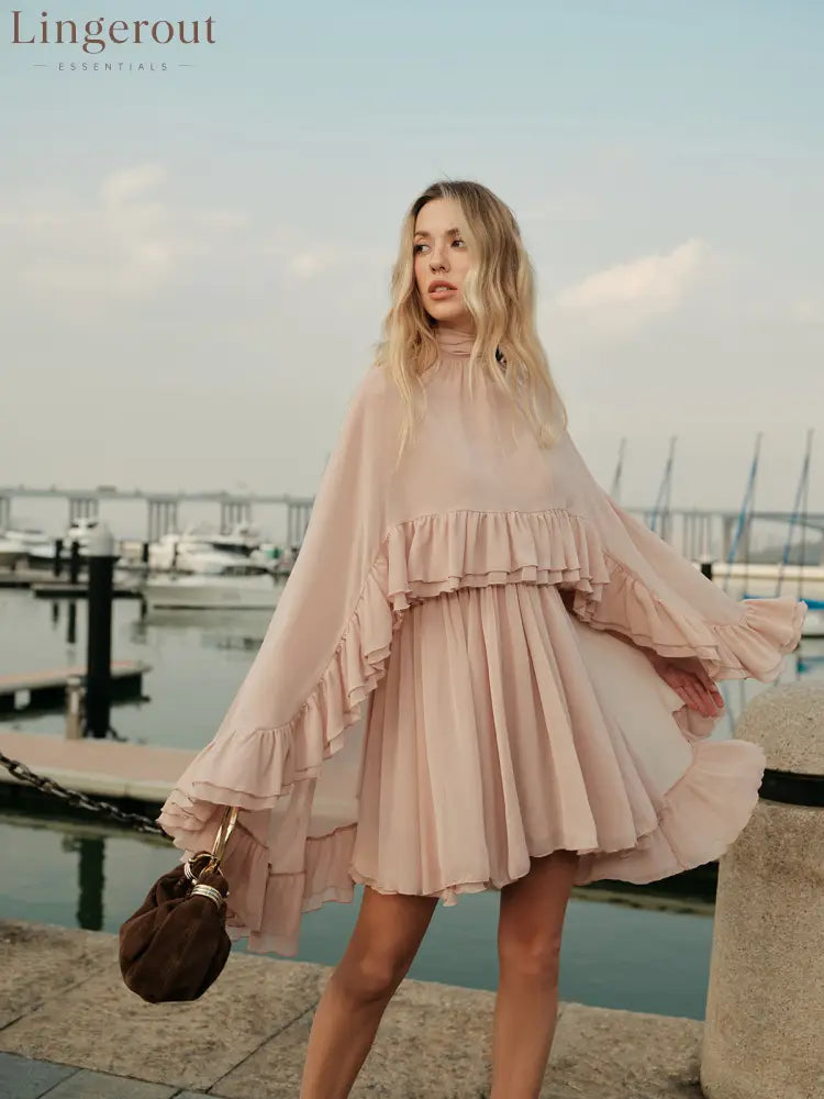 Semi-Sheer Chiffon Ruffle Dress With Outer Cape