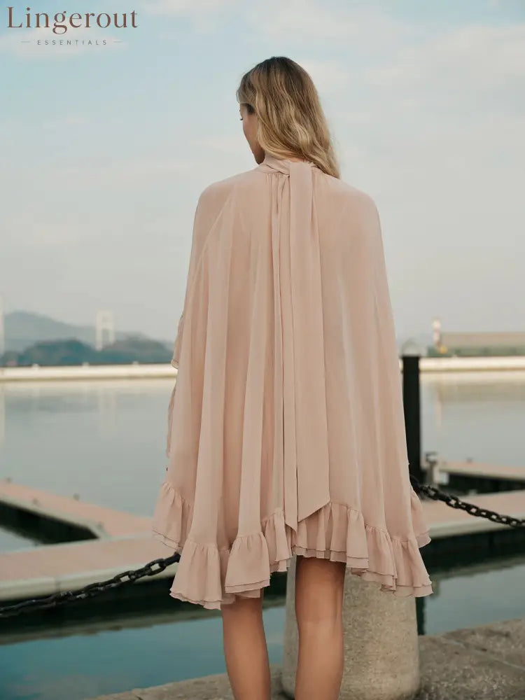 Semi-Sheer Chiffon Ruffle Dress With Outer Cape
