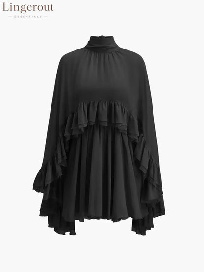 Semi-Sheer Chiffon Ruffle Dress With Outer Cape - Black / S