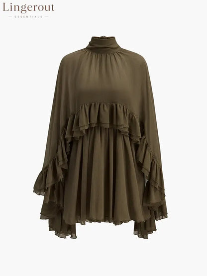 Semi-Sheer Chiffon Ruffle Dress With Outer Cape - Dark Green / S