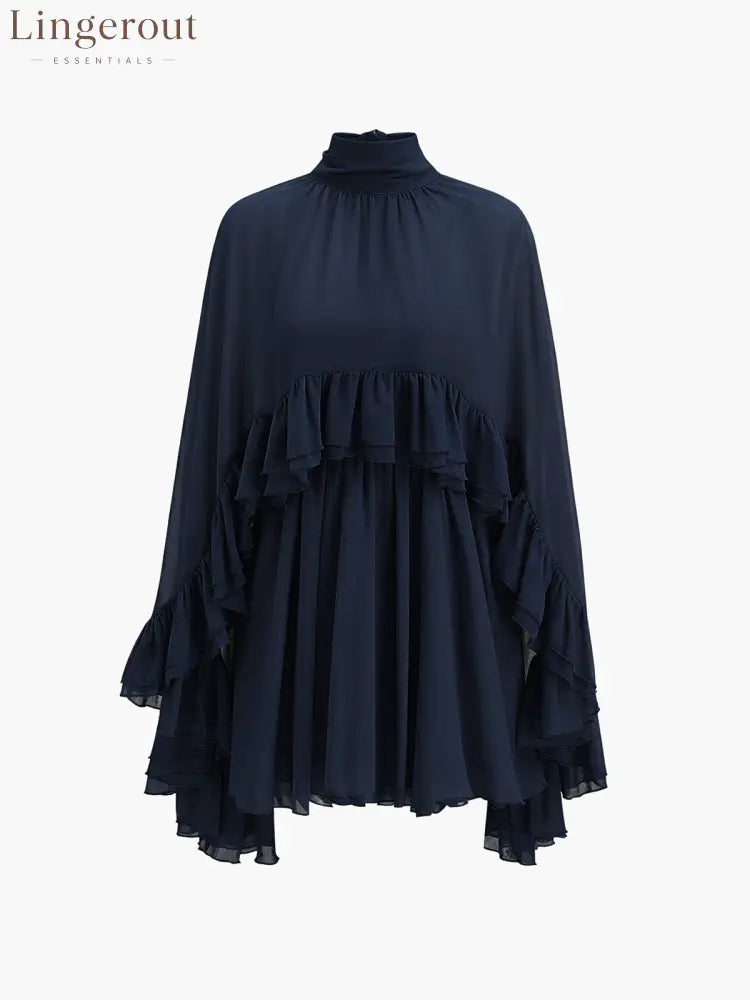 Semi-Sheer Chiffon Ruffle Dress With Outer Cape - Navy / S