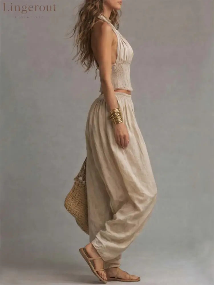 Sexy Boho Halter Top & Wide-leg Pants Two-piece Set