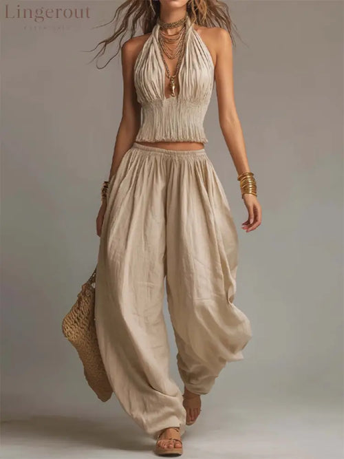 Sexy Boho Halter Top & Wide-leg Pants Two-piece Set - Sand / S