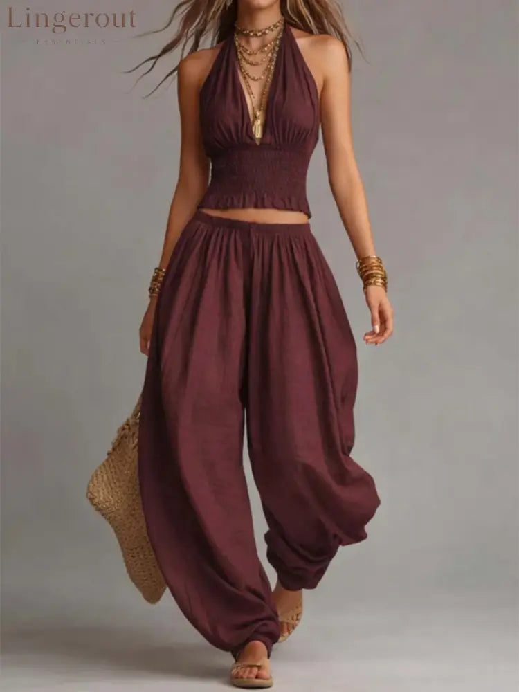 Sexy Boho Halter Top & Wide-leg Pants Two-piece Set - Wine / S
