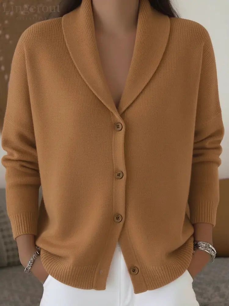 Shawl Lapel Button Down Knit Cardigan - Brown / S