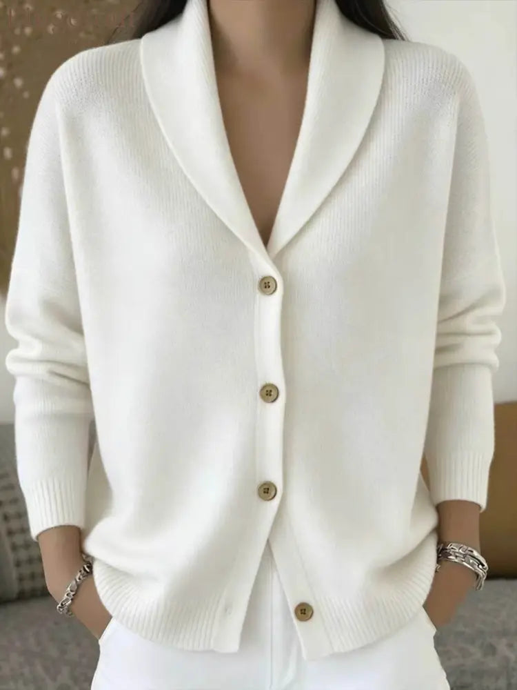 Shawl Lapel Button Down Knit Cardigan - White / S