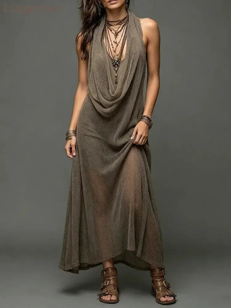 Sheer Mesh Cowl Halter Sleeveless Boho Maxi Dress - Light brown / S