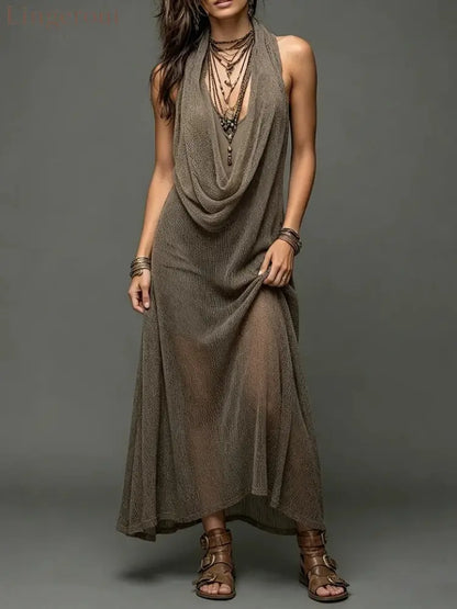 Sheer Mesh Cowl Halter Sleeveless Boho Maxi Dress - Light brown / S