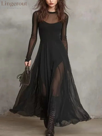 Sheer Mesh Maxi Dress - Black / S - Dresses