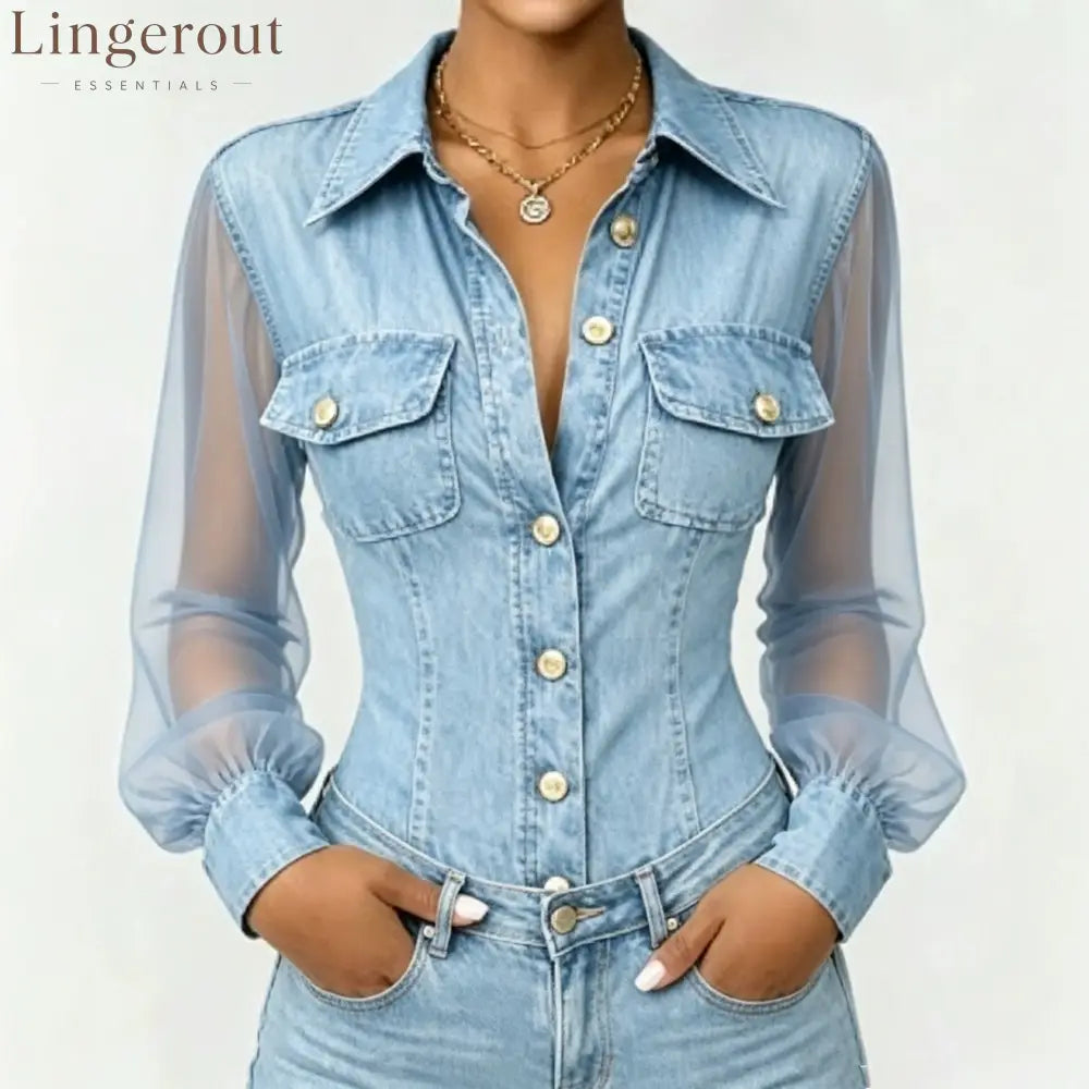 Sheer Mesh Sleeve Denim Blouse