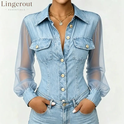 Sheer Mesh Sleeve Denim Blouse