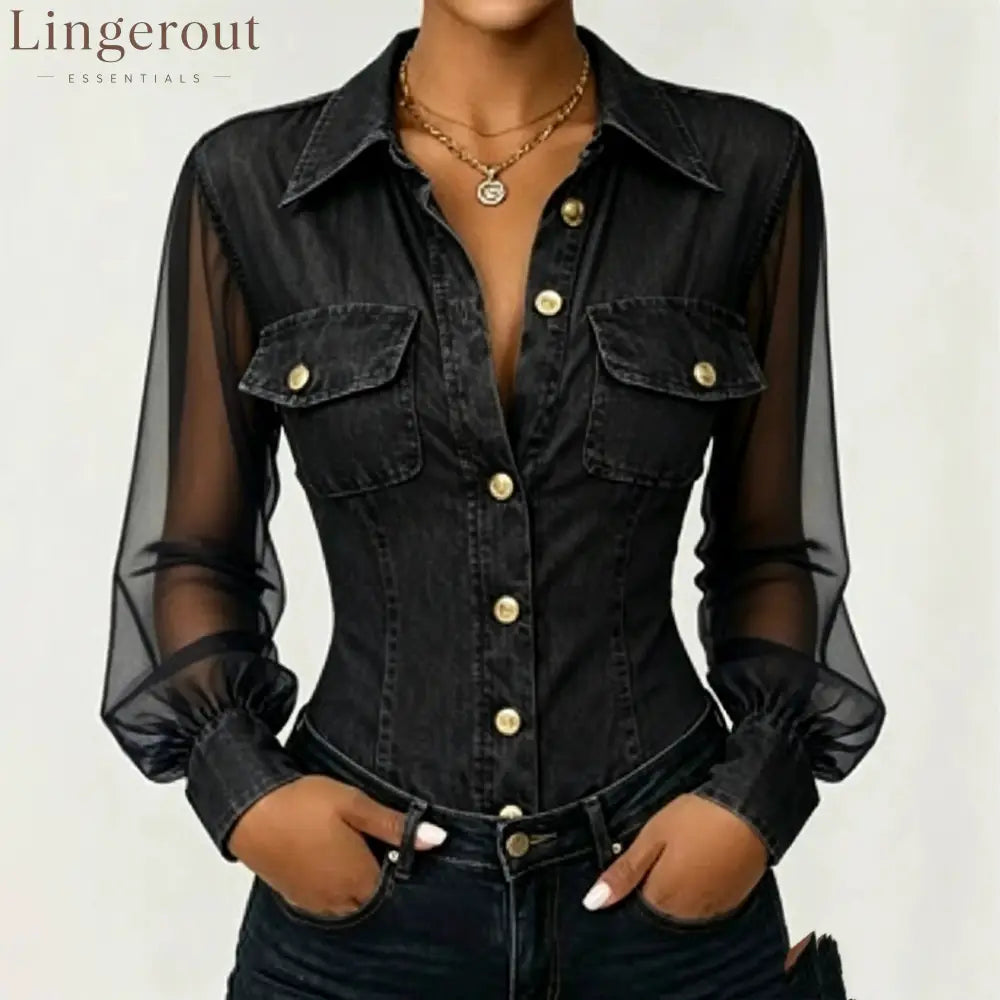 Sheer Mesh Sleeve Denim Blouse