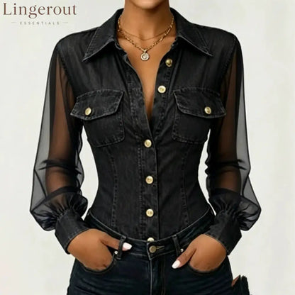 Sheer Mesh Sleeve Denim Blouse