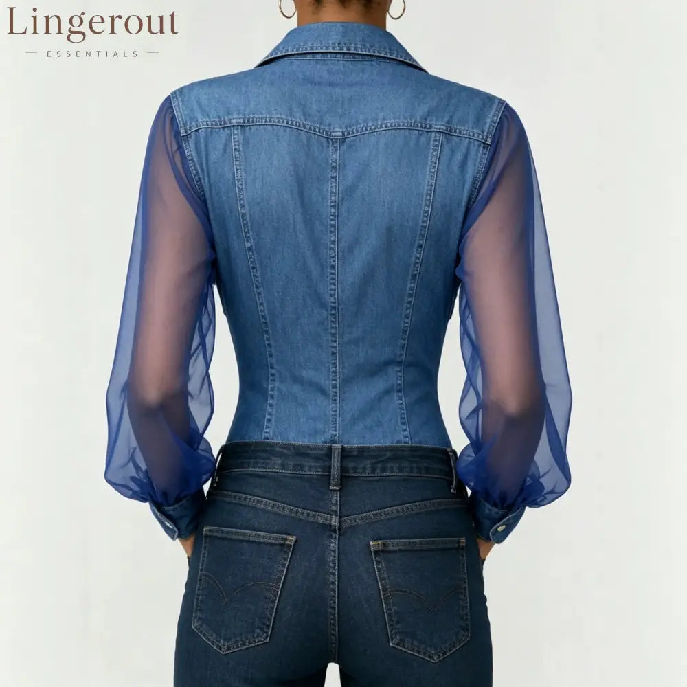 Sheer Mesh Sleeve Denim Blouse