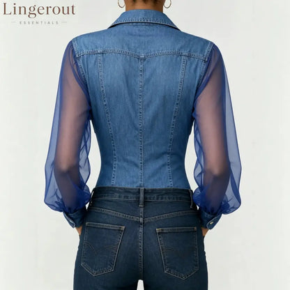 Sheer Mesh Sleeve Denim Blouse