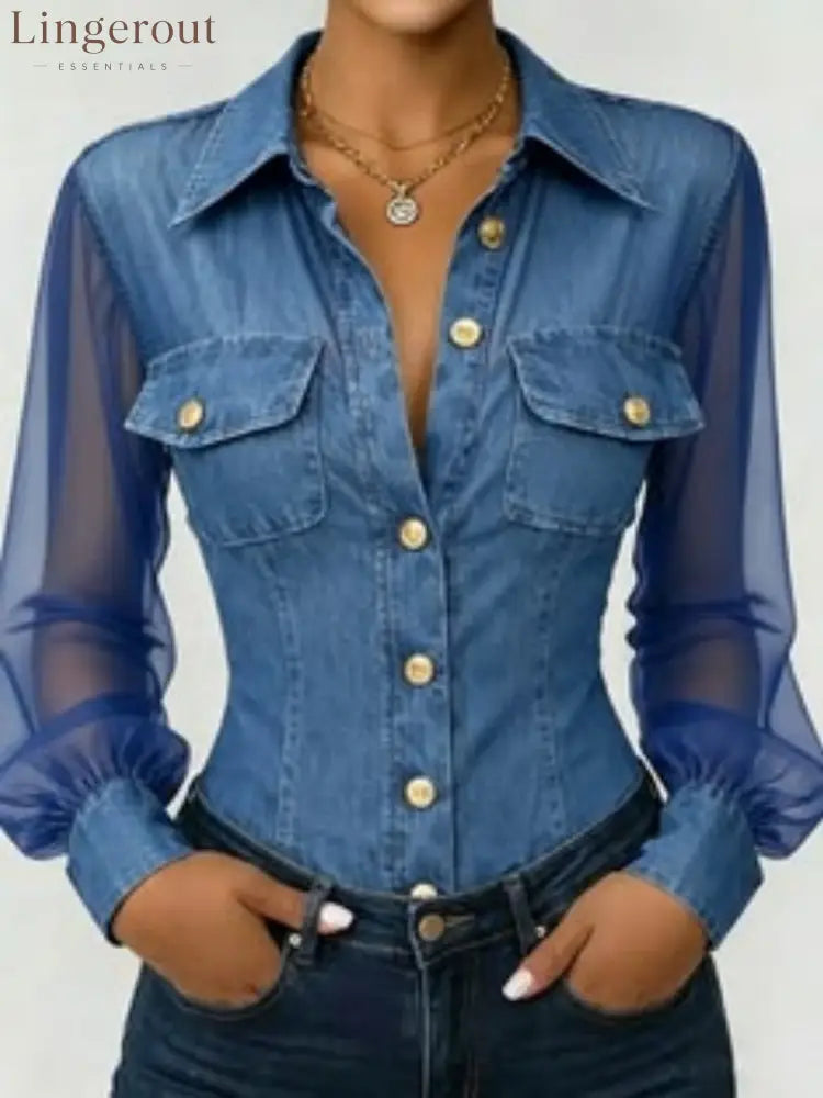 Sheer Mesh Sleeve Denim Blouse - Dark blue / S