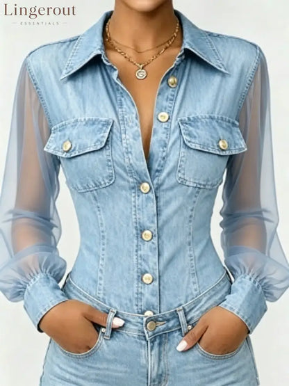 Sheer Mesh Sleeve Denim Blouse - Light blue / S