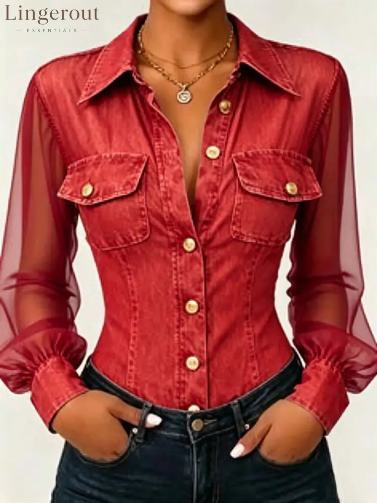 Sheer Mesh Sleeve Denim Blouse - Red / S