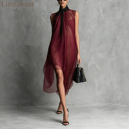 Sheer Mesh Sleeveless Tie Neck Asymmetrical Midi Dress