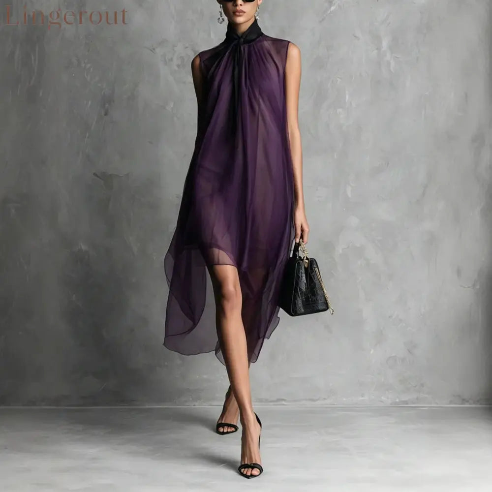Sheer Mesh Sleeveless Tie Neck Asymmetrical Midi Dress