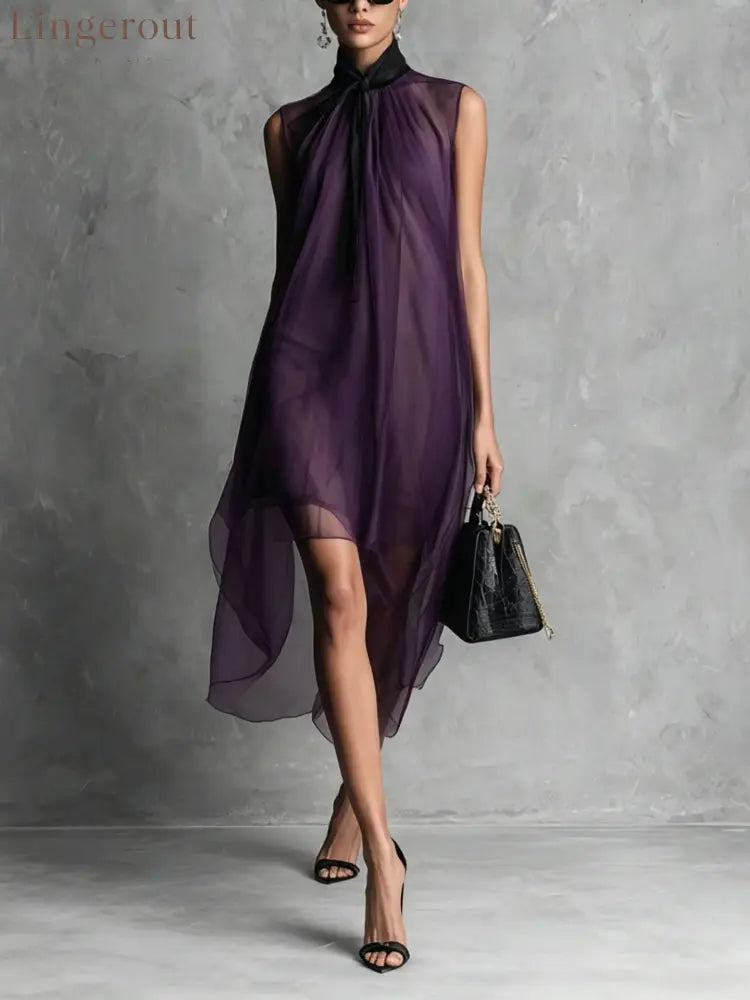 Sheer Mesh Sleeveless Tie Neck Asymmetrical Midi Dress - Deep purple / S
