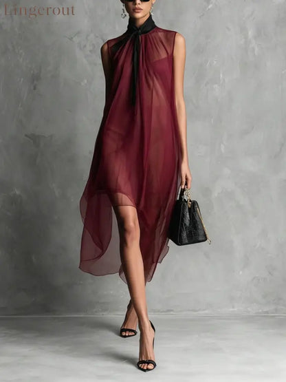 Sheer Mesh Sleeveless Tie Neck Asymmetrical Midi Dress - Deep red / S