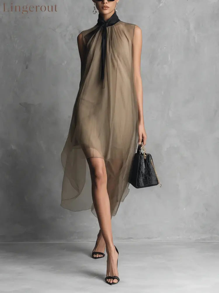 Sheer Mesh Sleeveless Tie Neck Asymmetrical Midi Dress - Khaki / S