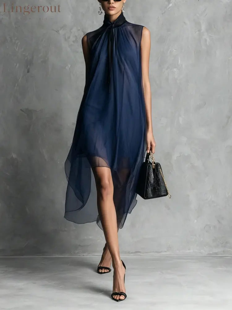 Sheer Mesh Sleeveless Tie Neck Asymmetrical Midi Dress - Navy blue / S