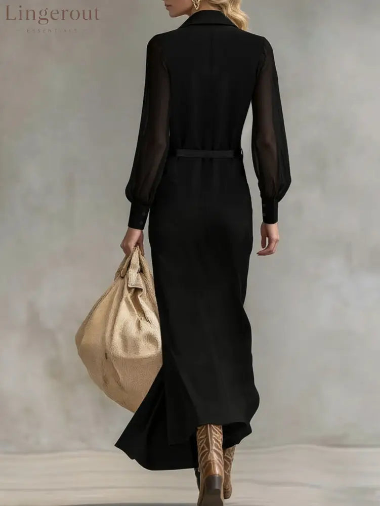 Sheer Sleeve Belted Maxi Shirt Dress - Maxi Dresses