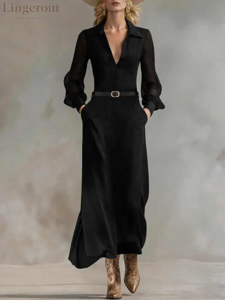 Sheer Sleeve Belted Maxi Shirt Dress - Maxi Dresses