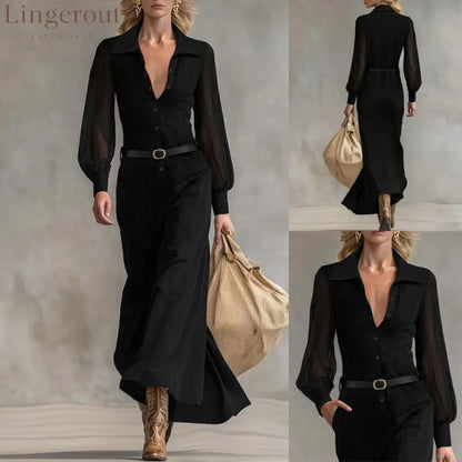 Sheer Sleeve Belted Maxi Shirt Dress - Maxi Dresses