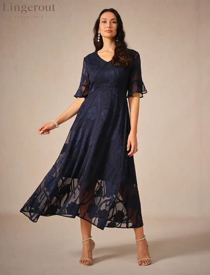 Sheer Sleeve V-Neck Floral Dress