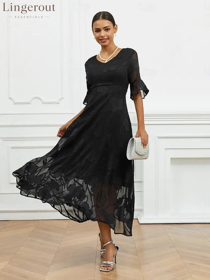 Sheer Sleeve V-Neck Floral Dress - Black / S