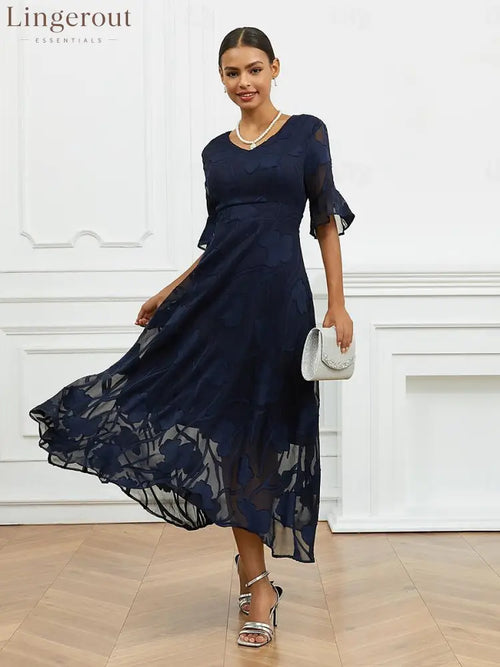 Sheer Sleeve V-Neck Floral Dress - Dark Blue / S