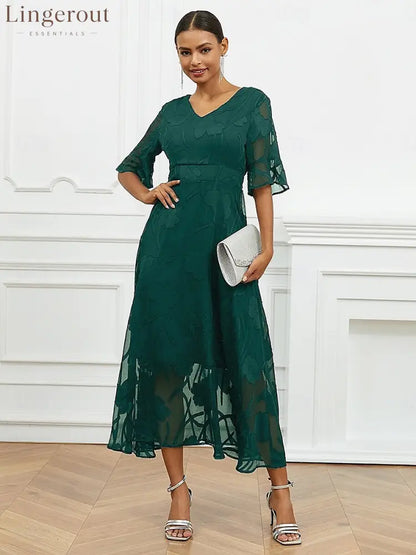 Sheer Sleeve V-Neck Floral Dress - Green / S