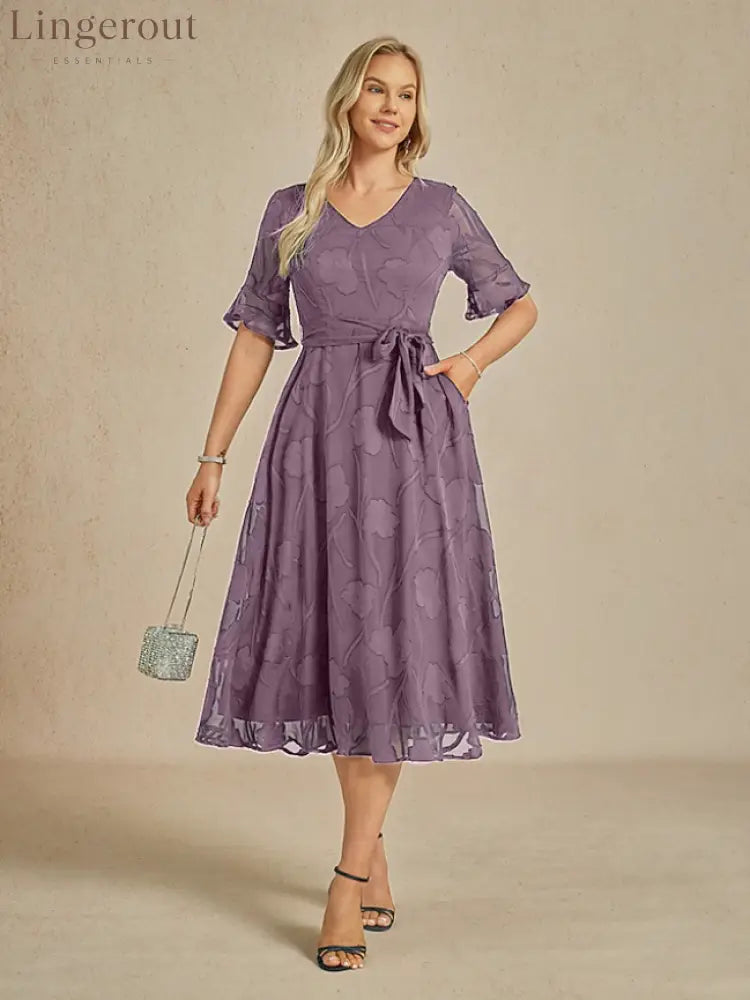Sheer Sleeve V-Neck Floral Dress - Light Purple / S