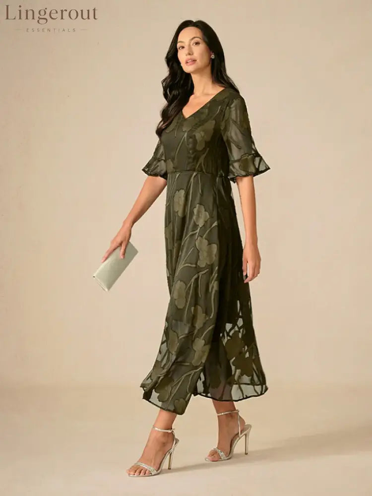 Sheer Sleeve V-Neck Floral Dress - Olive / S