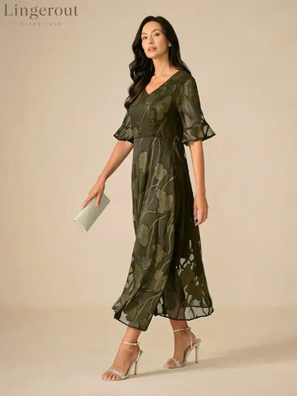 Sheer Sleeve V-Neck Floral Dress - Olive / S