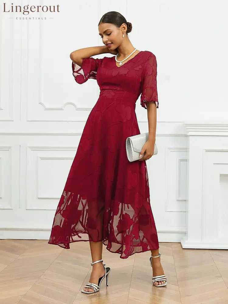 Sheer Sleeve V-Neck Floral Dress - Red / S