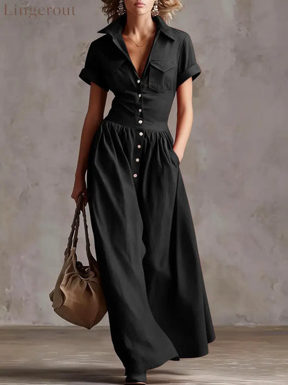 Shirt‑Style Maxi Shirt Dress - Black / S