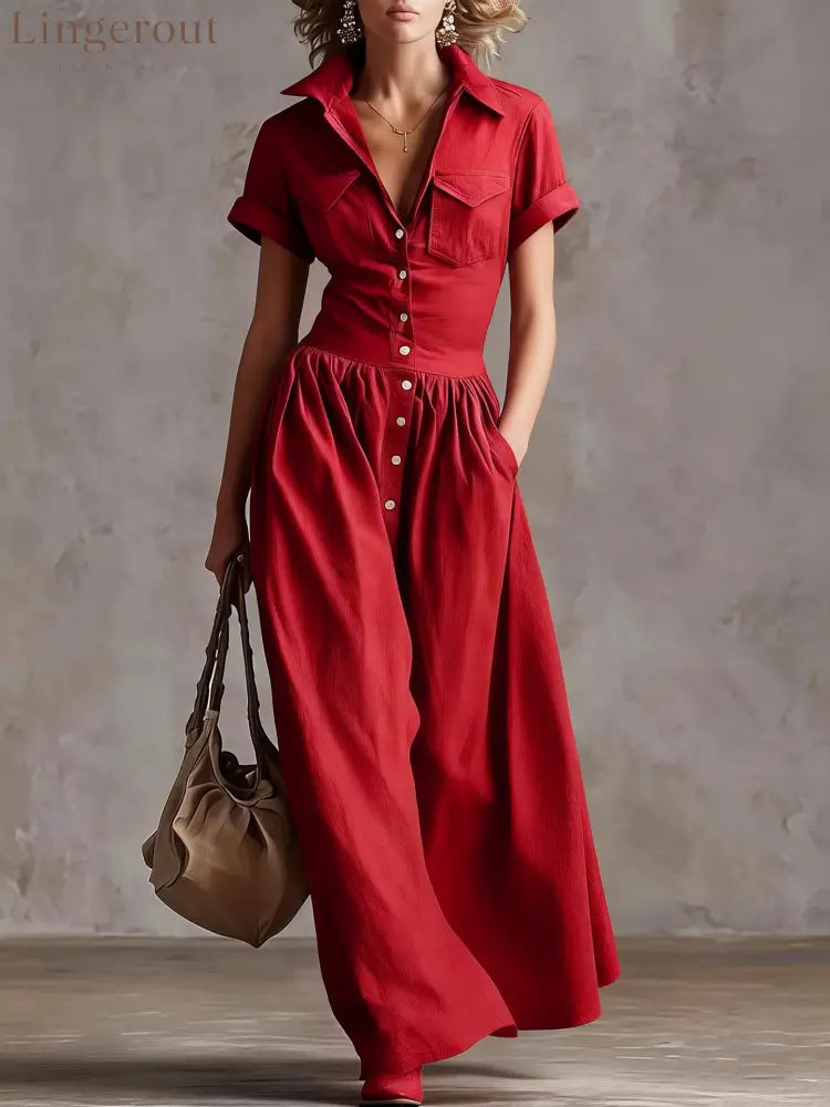 Shirt‑Style Maxi Shirt Dress - Red / S