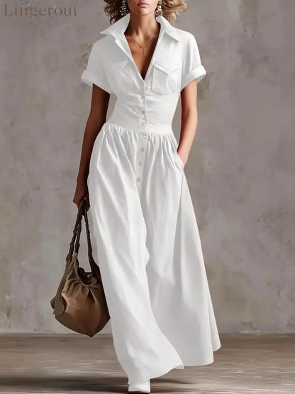 Shirt‑Style Maxi Shirt Dress - White / S