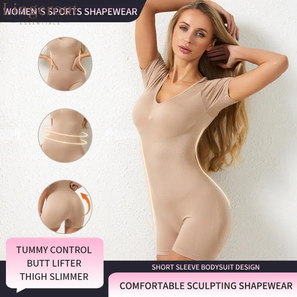 Short Sleeve V-Neck Tummy Control Butt Lift Shaping Bodysuit Shorts
