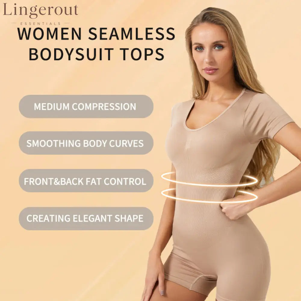 Short Sleeve V-Neck Tummy Control Butt Lift Shaping Bodysuit Shorts