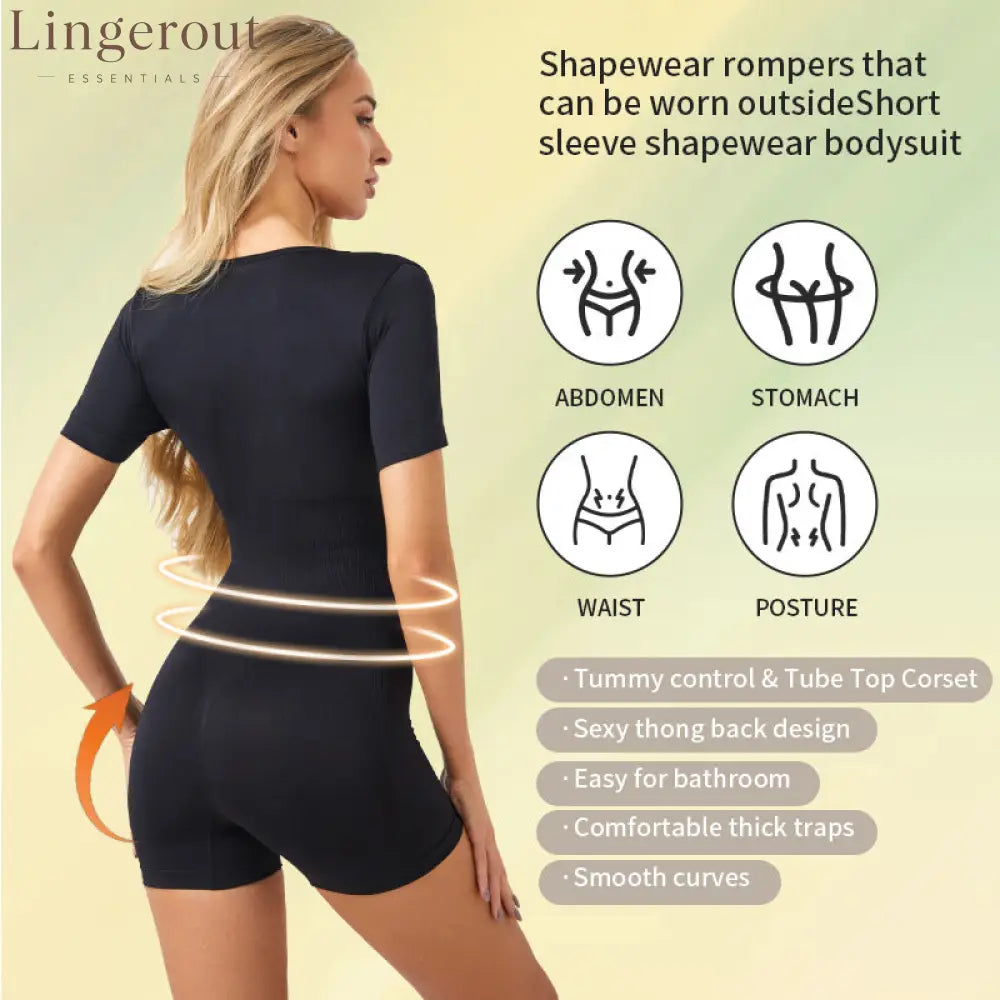 Short Sleeve V-Neck Tummy Control Butt Lift Shaping Bodysuit Shorts