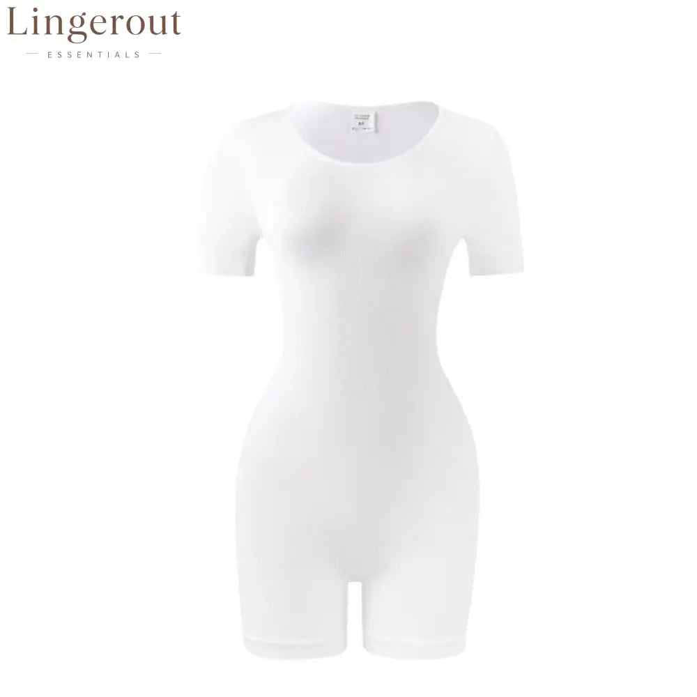 Short Sleeve V-Neck Tummy Control Butt Lift Shaping Bodysuit Shorts - White / S