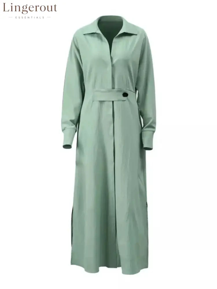 Side Slit Long Sleeve Shirt Dress - Green / S