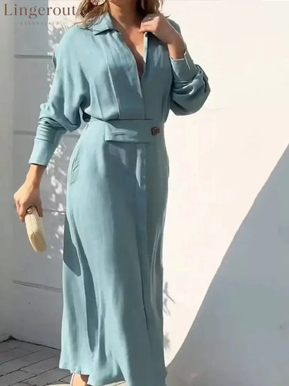 Side Slit Long Sleeve Shirt Dress - Sky Blue / S