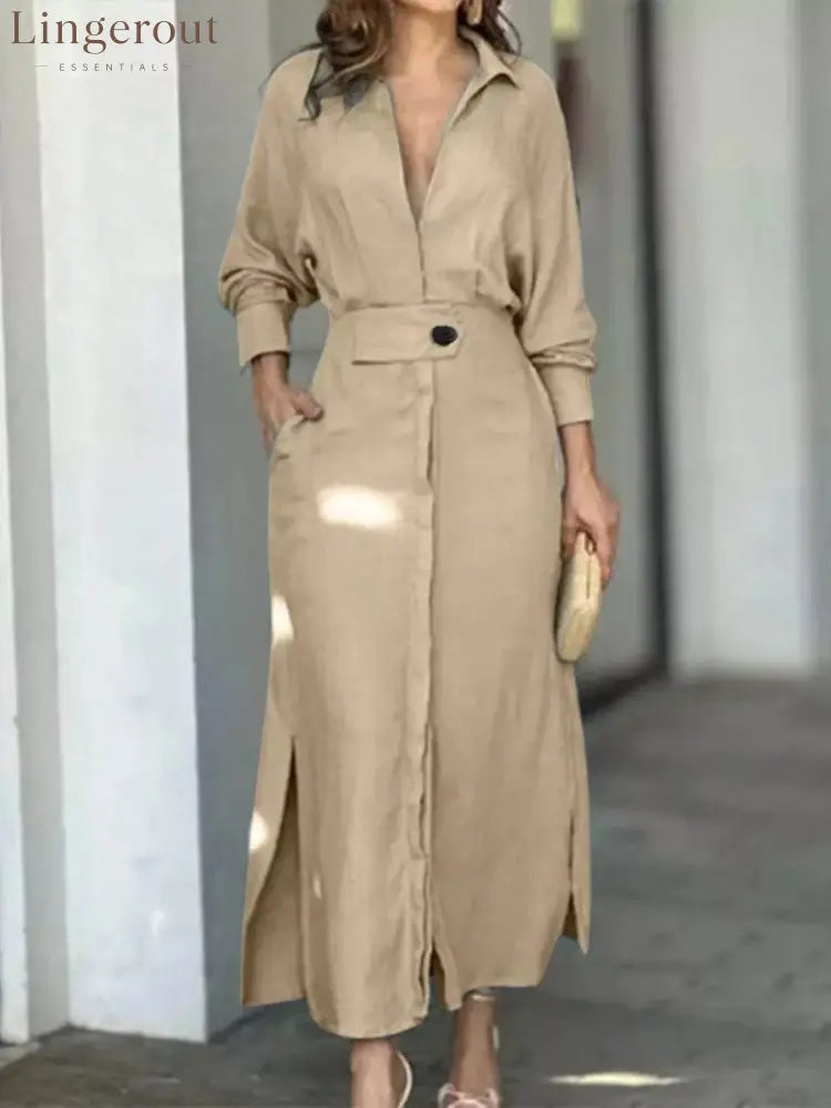 Side Slit Long Sleeve Shirt Dress - Tan / S
